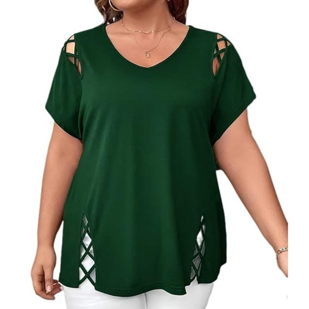 NWOT ~ Women's Green Plus Size Criss Cross Short Sleeve Loose Blouse Top ~ 4X